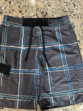Sporto Black Plaid Swim Board Shorts with Blue and White Stripes